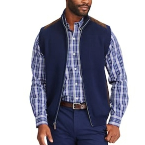 CHAPS Sweater Vest Full Zipper Suede Ribbed Stretch Classic Dark Academia Medium